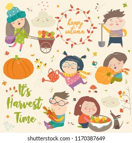 Harvesting set with kids, fruit and vegetables