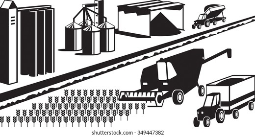 Harvesting and storage of grain cereals - vector illustration