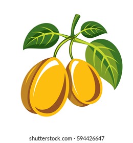Harvesting symbol, single vector fruit isolated. Two yellow organic sour lemons with green leaves, healthy food idea design icon.