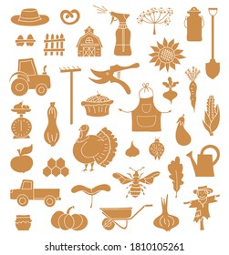 Harvesting symbols silhouettes. A set of elements on the theme of farming, autumn, harvest and thanksgiving. Vector stencils. Template for design.