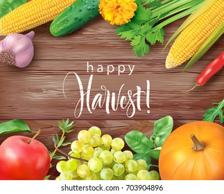 Harvesting time background with vegetable and fruit border. Vector illustration.