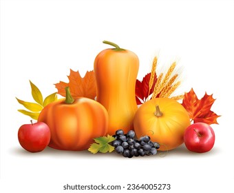 Harvesting time composition with pumpkins, apples, grapes and autumn leaves on white. Thanksgiving Day background. Vector illustration.