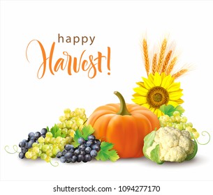 Harvesting time composition with ripe fruits and vegetables. Vector illustration.