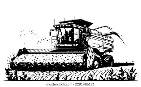 Harvesting vector black line illustration isolated white. Sketch art