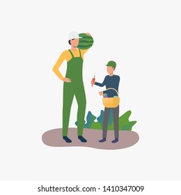 Harvesting vector illustration. Man and boy holding watermelon and basket with vegetables. Farming concept. Illustration can be used for topics like horticulture, cultivation, family business