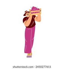 Harvesting. Vector illustration of a man carrying a box of purple grapes from a vineyard on his shoulder. Detailed icon of a winery employee on a white background.