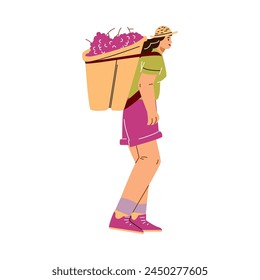 Harvesting. Vector illustration of a young girl carrying a large basket of purple grapes from a vineyard on her shoulders. Detailed icon of a winery employee on a white background