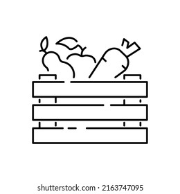 Harvesting vector logos with wheat grains. Agriculture and global farming Line Icons. Fruit and vegetable. Apple, pear and carrot. Fruit boxes