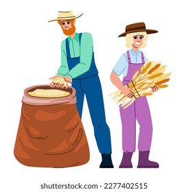 harvesting wheat vector. agriculture grain, farm crop, summer field, wheat plant, landscape harvesting wheat character. people flat cartoon illustration