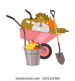 Harvesting with Wheelbarrow and Bucket with Ripe Vegetables as Seasonal Yield Vector Illustration