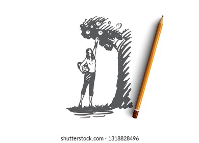 Harvesting, woman, apple, tree, garden concept. Hand drawn woman harvesting apple concept sketch. Isolated vector illustration.