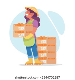 Harvesting Woman Character in Hat Holding Crate with Oranges Vector Illustration