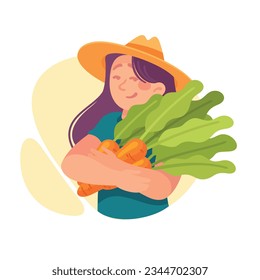 Harvesting Woman Character in Hat Holding Ripe Carrot Crop Vector Illustration