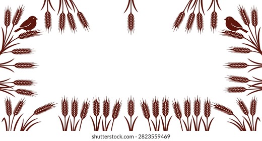 A harvest-themed border featuring wheat stalks and small birds in the corners. The dark brown line is set against a white background.