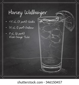 Harvey Wallbanger cocktail on black board. Made from Vodka, Vanilla Galliano, Fresh orange juice