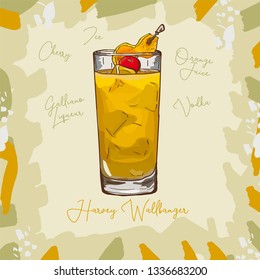 Harvey Wallbanger Contemporary classic cocktail illustration. Alcoholic bar drink hand drawn vector. Pop art