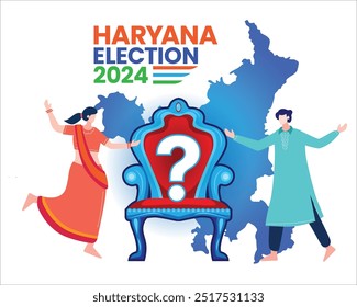 Haryana Election 2024 Poster com Trono e Candidatos Ilustração no mapa do estado