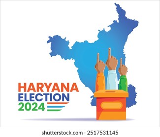 Cartaz da campanha eleitoral de 2024 de Haryana com mapa e ilustração das mãos da votação