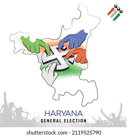 Haryana General Election Voting with voting hands, Gujarat Map, Crowd People Hand with Indian tricolor - Vector illustration Drawing