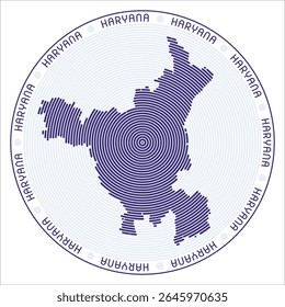 Haryana round logo design. State shape build of rings. Haryana text around the state. Vector Illustration.