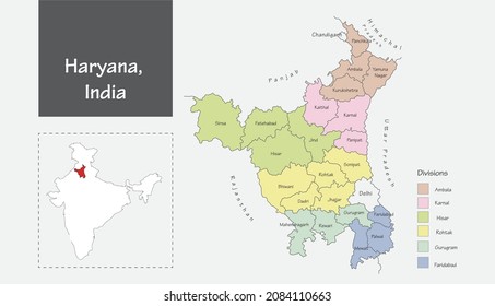 Haryana state map with all divisions with separate multi colors. Indian state map vector illustration with annotated districts.