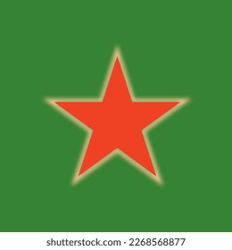 has a green background. red  five stars. it has a fiery color inside and outside