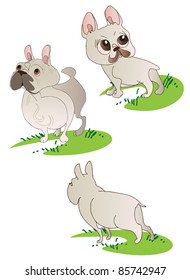 It has three pictures french bulldog for a walk