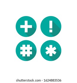 hash, asterisk footnote, plus, exclamation mark sign in circle with shadow. flat buttons set isolated on white. Number, hashtag, or pound sign. Star note, attention sign.