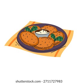 Hash marrom ou panqueca de batata frita. Comida vetorial ou prato ucraniano. Café da manhã ou brunch, nutriente do jantar. Um lanche crocante. Culinária caseira rústica ou comida crocante oleosa. Sinal de gastronomia ou culinária