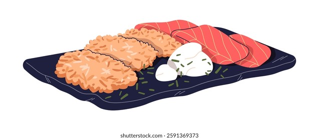 Hash brown with salmon. Crispy potato pancakes served on plate with red fish and sauce. Hashbrown, gourmet meal. Delicious dish, cooked food. Flat vector illustration isolated on white background