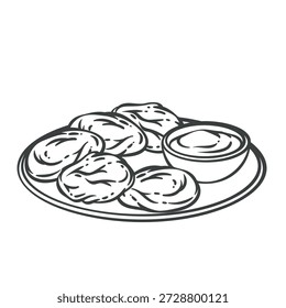 Hash browns servidos en un plato con salsa para mojar, papa frita en el desayuno, comida clásica americana. Icono monocromático de contorno dibujado a mano retro. Ilustración vectorial.