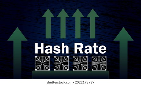 Hash rate of blockchain network increase.  Cryptocurrency mining devices with green up arrows in uptrend. Computing power has grown. Vector illustration.