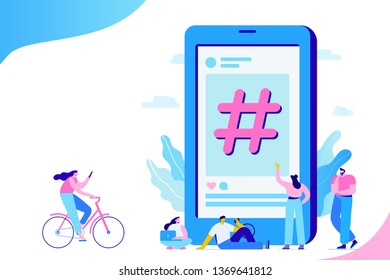 Hash sign big symbol. Hashtag and young people using social media, websites and smartphone applications.
Flat vector illustration. 