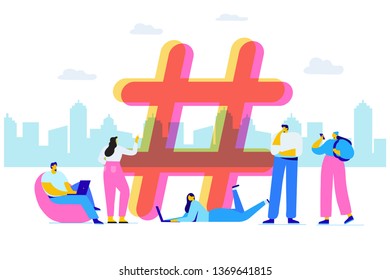 Hash sign big symbol. Hashtag and young people using social media, websites and smartphone applications.
Flat vector illustration. 