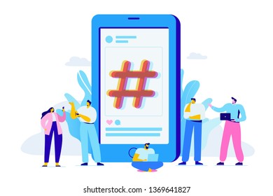 Hash sign big symbol. Hashtag and young people using social media, websites and smartphone applications.
Flat vector illustration. 