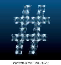 The hash sign symbol is evenly filled with white dots of different sizes. Vector illustration on blue background