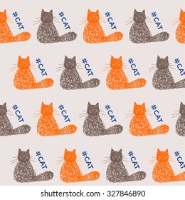 Hash tag cat and simple graphic ginger and brown cats isolated on stylish soft cover. Hand drawn doodle seamless creative pattern background for use in design