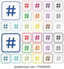 Hash tag color flat icons in rounded square frames. Thin and thick versions included.