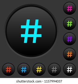 Hash tag dark push buttons with vivid color icons on dark grey background
