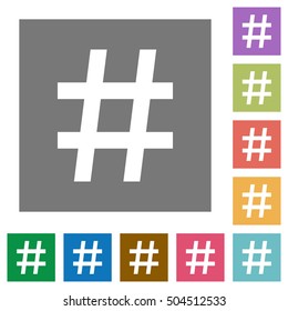Hash tag flat icons on simple color square background.