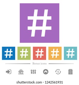 Hash tag flat white icons in square backgrounds. 6 bonus icons included.