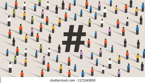 hash tag icon large group of people cooperating. Flat style vector illustration.