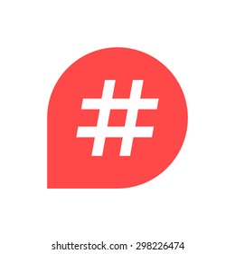 hash tag icon in red bubble. concept of number sign, social media, micro blogging, web communicate, pr, popularity. isolated on white background. flat style trend modern logo design vector illustration