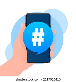 Hash tag lable on smartphone on white background. Vector illustration