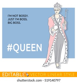 Hash tag Queen. Lady boss. Meme card. Editable outline sketch. Stock vector illustration.