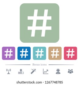 Hash tag white flat icons on color rounded square backgrounds. 6 bonus icons included