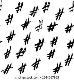 Hash Tags Hand Drawn Seamless Pattern, Trendy Social Media, blog, internet application background.