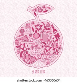 Hashanah Jewish New Year celebration card. holiday attributes arranged in the shape of an apple. Honey, bread, pomegranate. Shana Tova