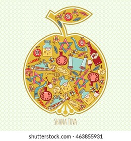 Hashanah Jewish New Year celebration card. holiday attributes arranged in the shape of an apple. Honey, bread, pomegranate. Shana Tova