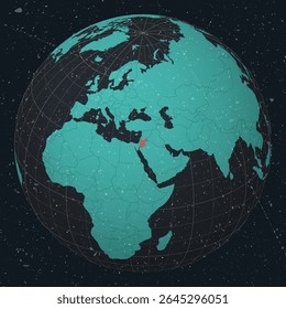 Reino Hachemita da Jordânia no Globo. Olhar vintage com textura grunge riscado. Mapa do mundo no mapa da paleta de cores de Turquesa a carvão escuro. Forma de Jordão no mapa.